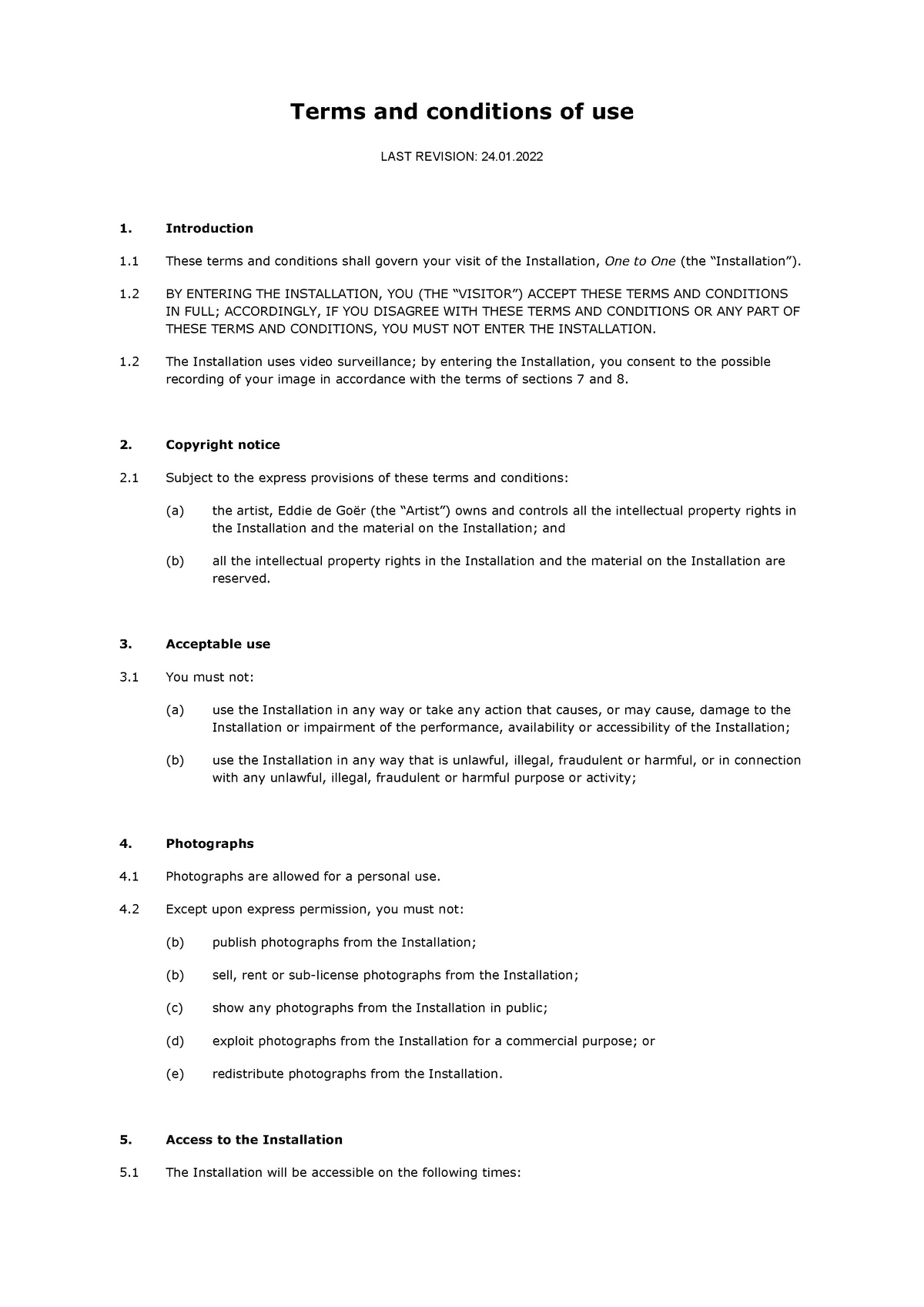 Page 1 of Terms and conditions of use, with the chapters, 